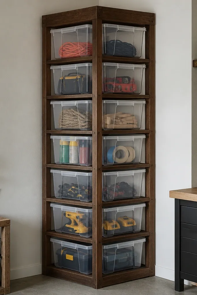 A tall corner unit built from stained 2x4 frames with a clean white backing panel. Stackable clear bins sit in a grid, and each bin has a bold label. The unit is squared to the corner.