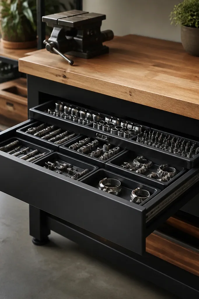 A workbench with a wide drawer at the front. Inside are sliding trays with compartments for sockets, small clamps, and driver bits. The drawer face is painted matte black.