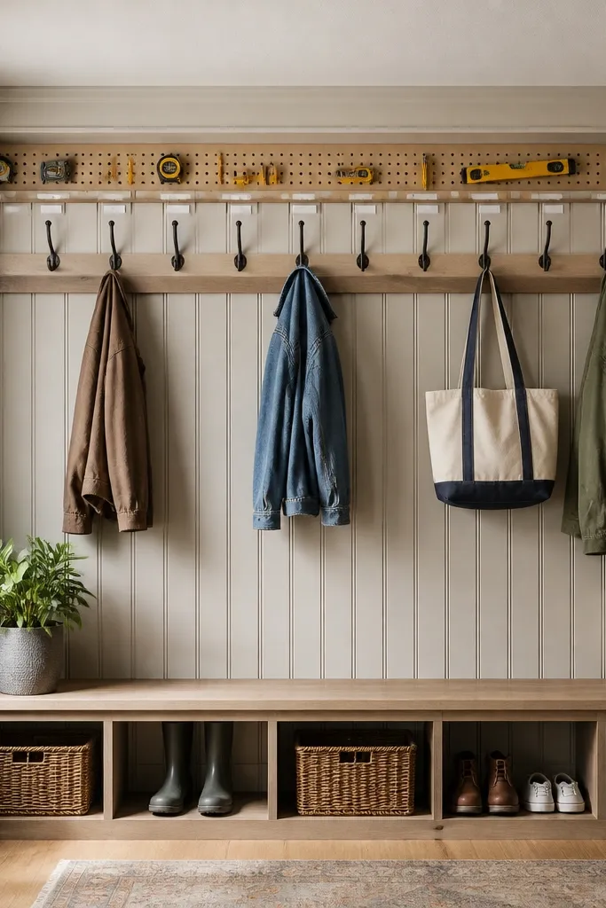 Near the ceiling, a narrow strip of pegboard holds tiny items like measuring tapes, pencils, and small levels. A row of hooks lines up perfectly, and labels are printed in black on white.