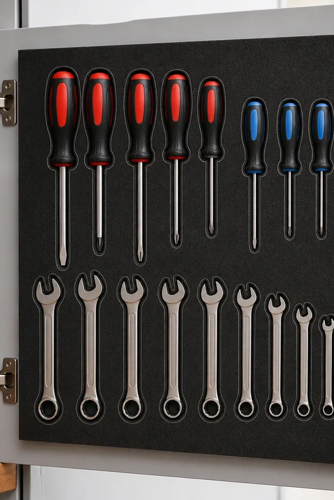 A shadow board made from black foam or cork mounted on a cabinet door. Screwdrivers and wrenches sit in cutouts with outlines visible around each tool. The board has a clean printed label at the top.