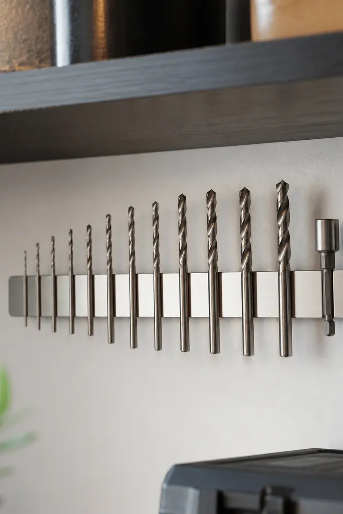 A slim magnetic strip mounted under a shelf. Small metal drill bits and a couple of nut drivers are stuck in a row. The strip is silver with a black shelf above it.