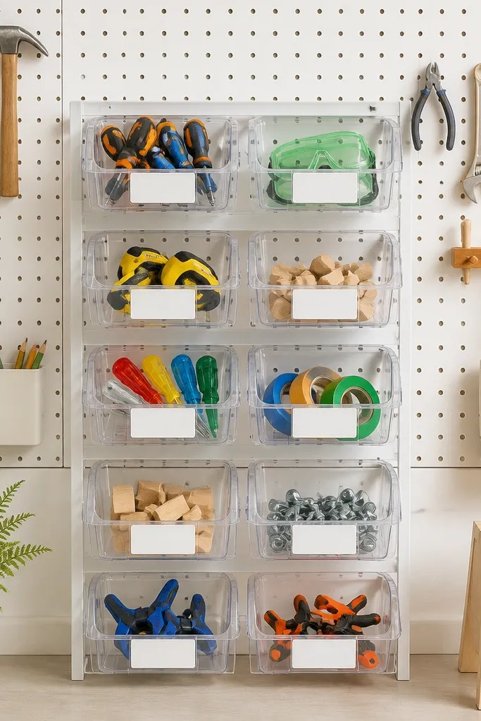 A pegboard wall with a ladder of small bins at kid height. Each bin has a label and holds items like kid-safe screwdrivers, tape measures, and safety goggles. The pegboard is white and the bins are clear.