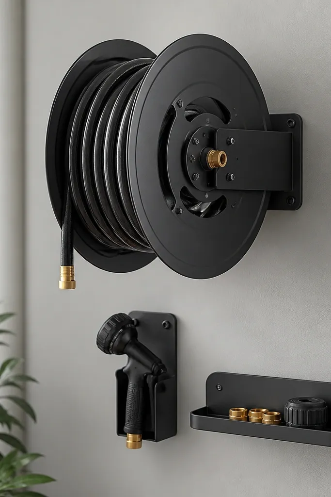 A wall-mounted hose reel with a black nozzle holder below. The wall is painted light gray, and the reel is powder-coated. A small shelf holds spare washers and a cap.