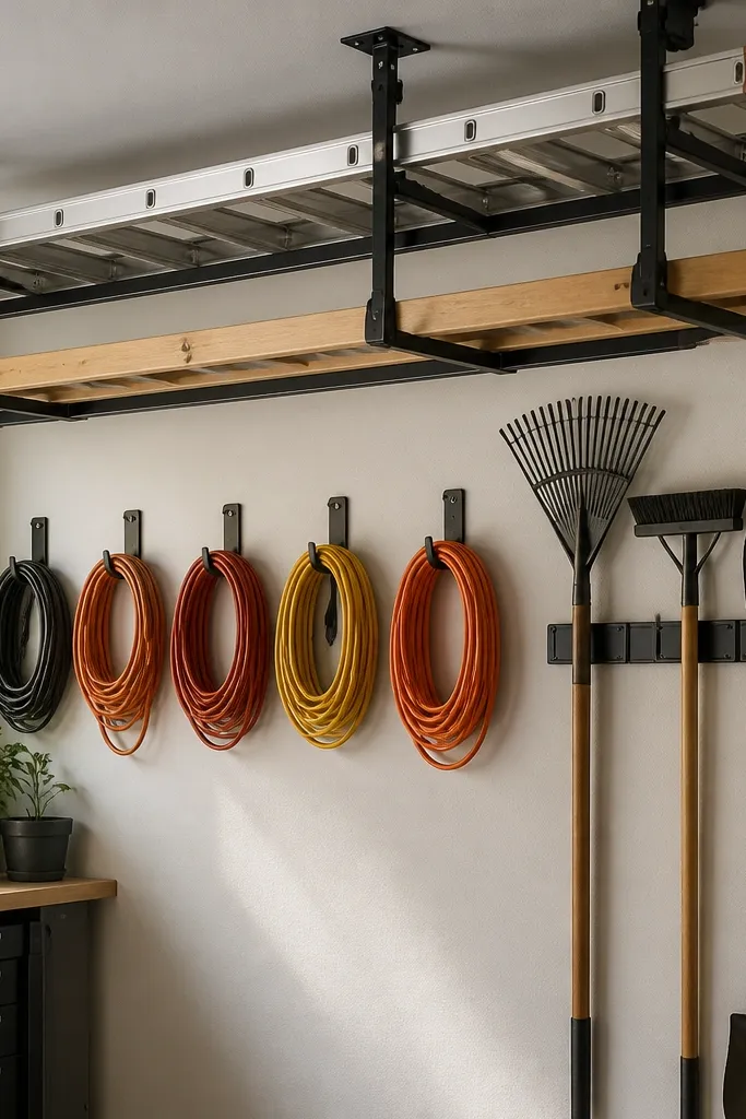 A ceiling-mounted rack with two long bars and straps. Extension cords are coiled into labeled loops on hooks. Long-handled tools like rakes are hung on wide hooks.