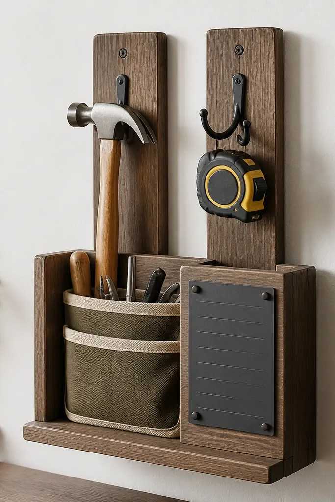 A wall-mounted dock made from two vertical boards with a base shelf. A tool tote sits in the dock, and a small label board lists tasks. Behind it, hooks hold a hammer and tape measure.
