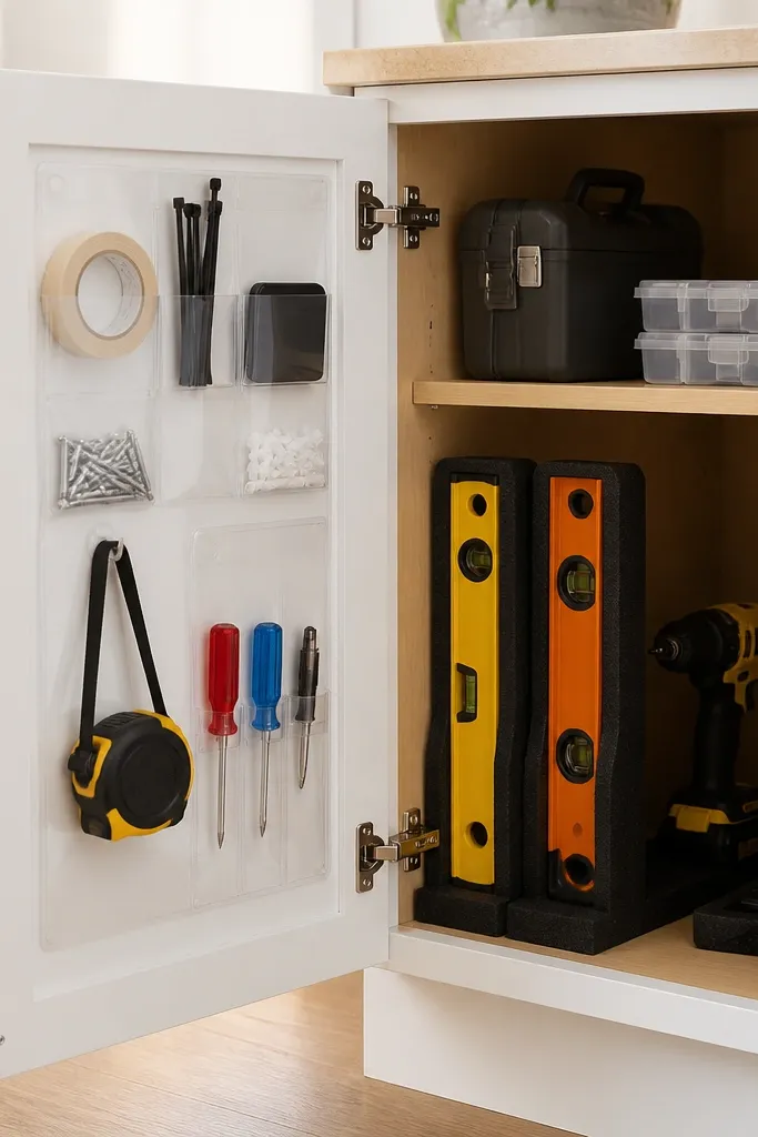 Inside a cabinet door, there are clear pockets and small holders. A tape measure hangs in a loop, and a couple of levels sit upright in foam cutouts. The cabinet exterior is white with black pulls.
