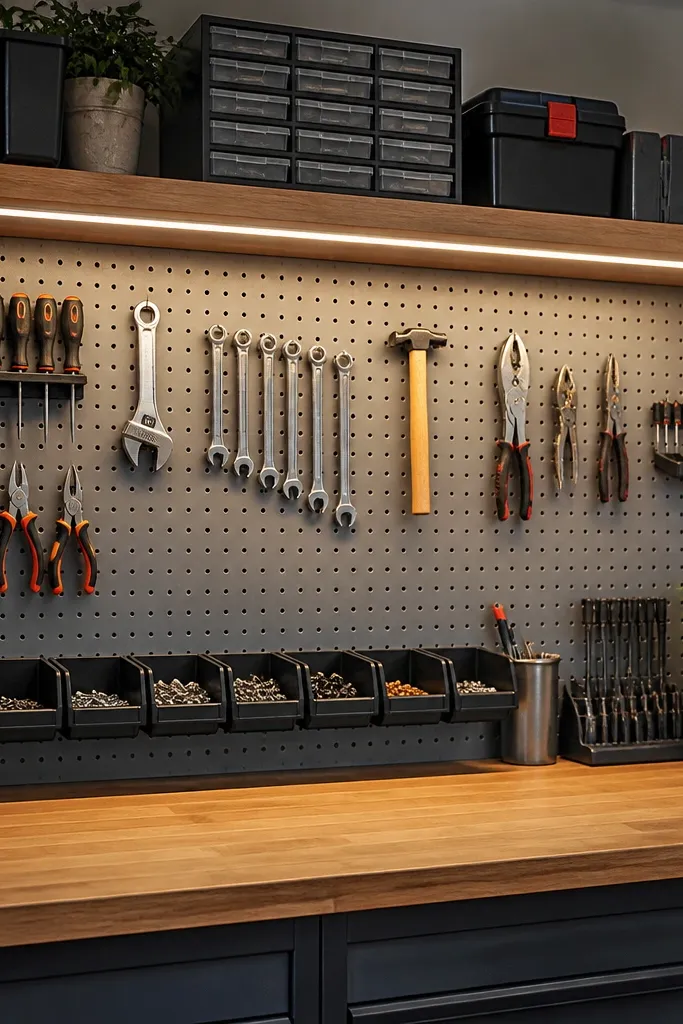 A workbench shelf with slim LED light strips underneath. The light makes tool labels and bins look crisp and reduces shadows on the pegboard area.