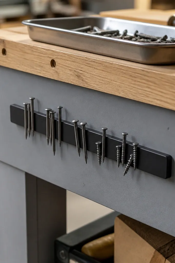 A narrow magnetic strip mounted along the side of a workbench base. Small steel nails and screw tips stick in place. A tray above catches spilled bits.