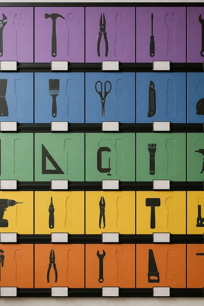 A sealed wall panel with color-coded cards. Each card has a photo of a tool silhouette and a labeled spot next to it. The wall has black rails holding small index card holders.