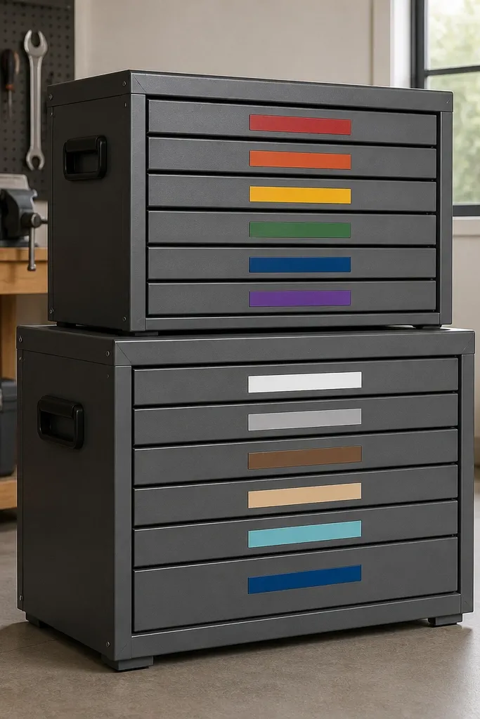 A two-tier stack of tool chests on the garage floor. Each drawer has a label strip with a consistent color and large black text. The chests are matte gray with black handles.