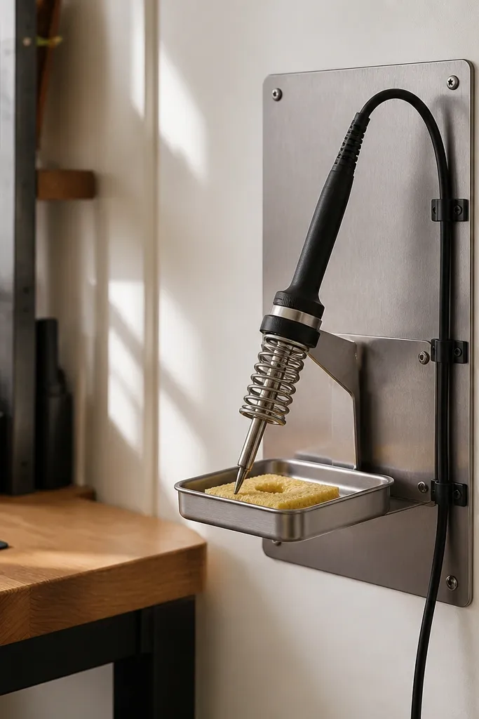 A wall-mounted station with a heat-shield panel behind it. A soldering iron rests in a metal stand on a small tray, with the cord clipped neatly along the side. The station sits beside the workbench.