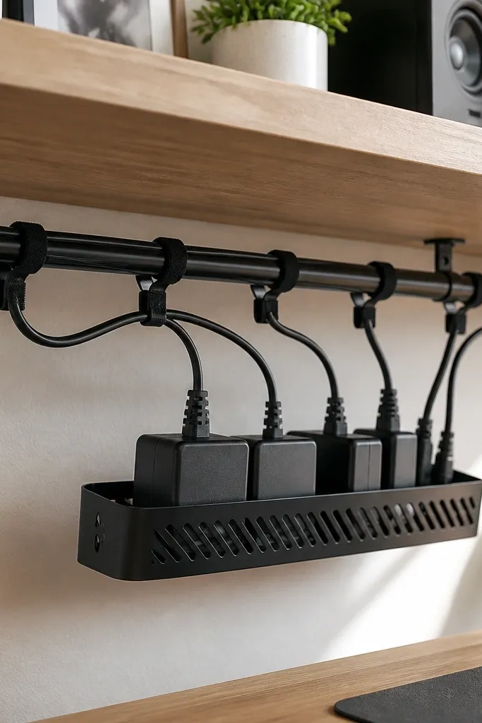 A black cable rail mounted under shelves with multiple Velcro straps and cord hooks. Charger bricks sit in a small ventilated tray with labels on each brick. Cords are routed in tidy arcs.