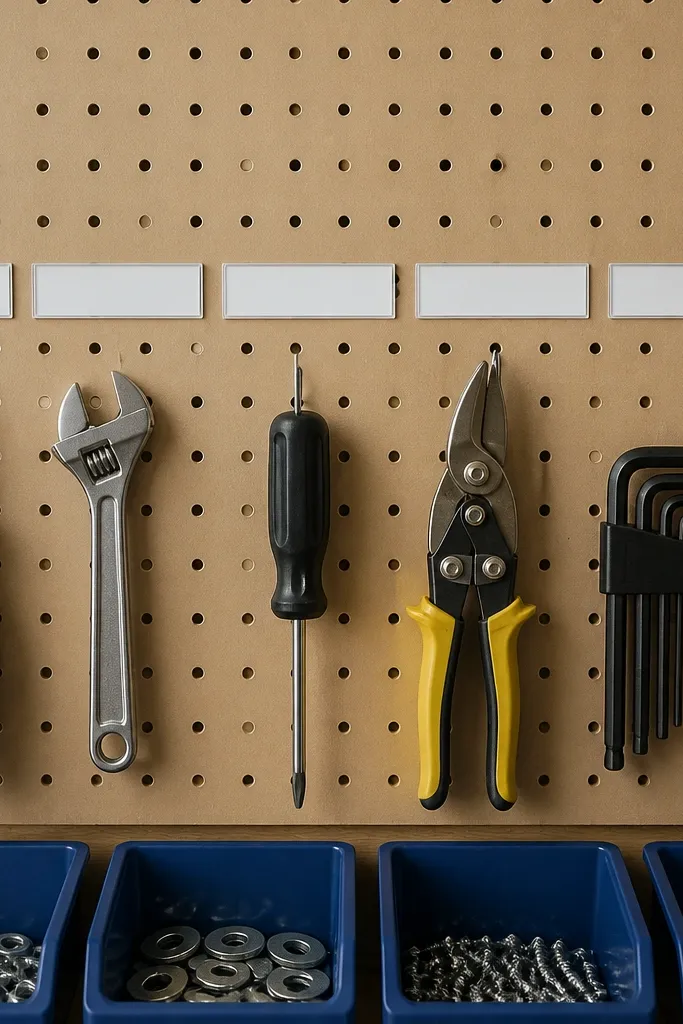 A close-up of a pegboard wall showing a neat row of label strips. The labels are bold black text on white wipe-clean tape, and each strip aligns with a tool or bin underneath.
