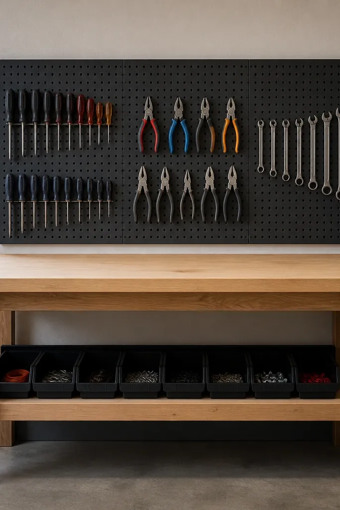 A pegboard panel mounted behind the workbench with three tool rows: screwdrivers at left, pliers in the middle, and wrenches on the right. The workbench has a clean top and a small bin shelf underneath.