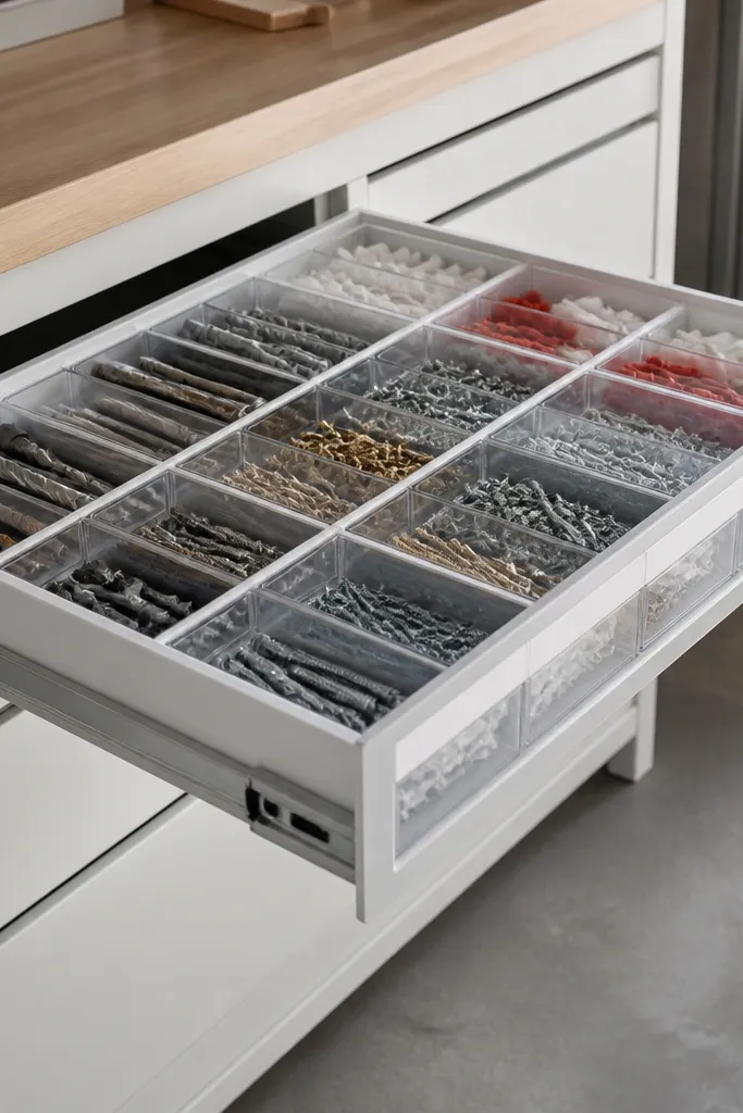 A long white drawer with transparent front bins. Each bin has a white label strip on the front and holds drill bits, small screws, and wall anchors. The bins are separated by straight dividers and the drawer pulls in and out smoothly.