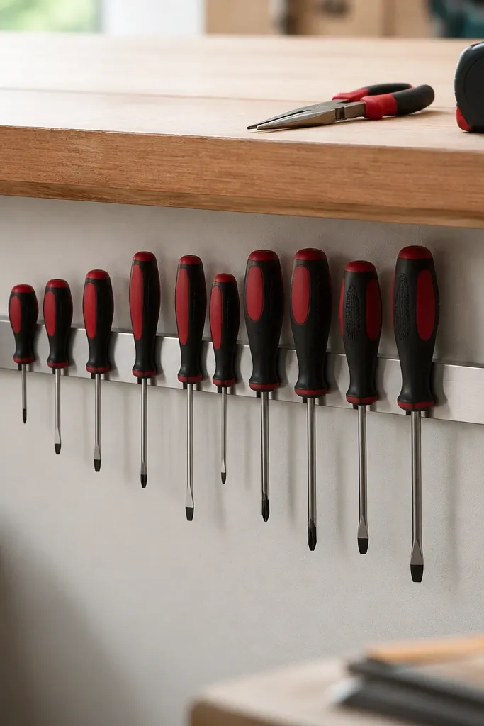 A stainless-looking magnetic strip mounted under a workbench. Screwdrivers with red and black handles lay flat in a row, aligned by size. A small pair of needle-nose pliers and a tape measure case sit nearby on the bench edge.