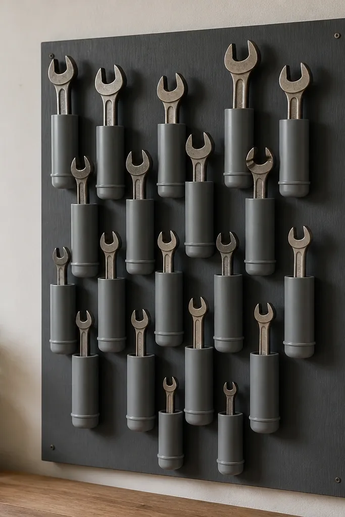 A gray PVC pipe rack mounted to a plywood board. Each pipe slot holds a wrench by the handle. The pipes are capped at the bottom and arranged in a staggered grid. The whole board is painted a soft matte charcoal.