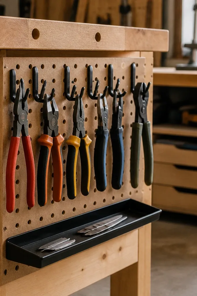 A narrow pegboard strip mounted on the side of a workbench. Pliers and cutters hang at consistent spacing. The hooks are black, and the handles face outward. A small tray at the bottom holds replacement blades.