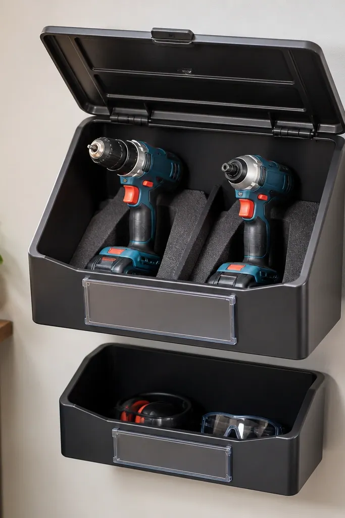 A wall-mounted bin with a hinged lid and a clear front label pocket. A cordless drill and a driver sit upright inside, held by foam wedges. The bin is mounted at adult height with a smaller child bin below for safe accessories.