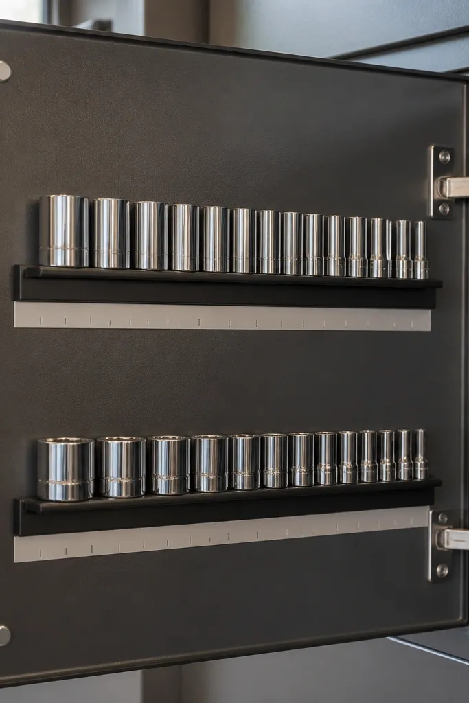 The inside of a cabinet door lined with two long magnetic rails. Sockets sit in neat rows with their open ends aligned. A small label strip sits under each rail, and the door closes flush.