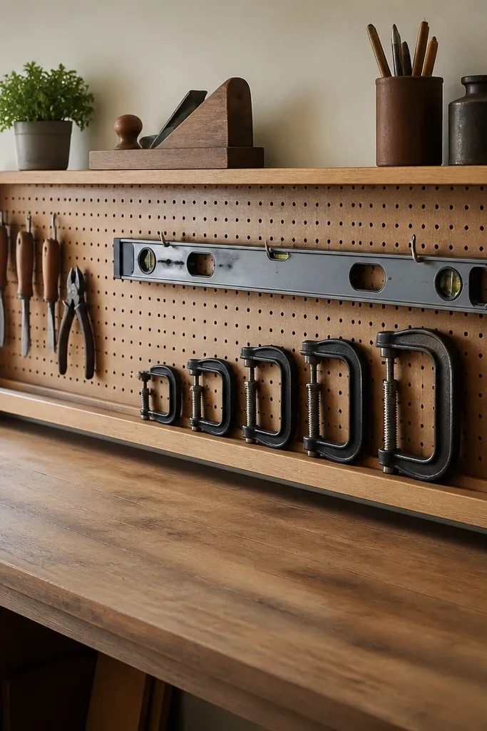 A pegboard shelf mounted along the back edge of a workbench. A 2-foot level hangs from a hook, and C-clamps rest in a row on a shallow wooden ledge. The shelf has a light stain finish and holds tools off the floor.