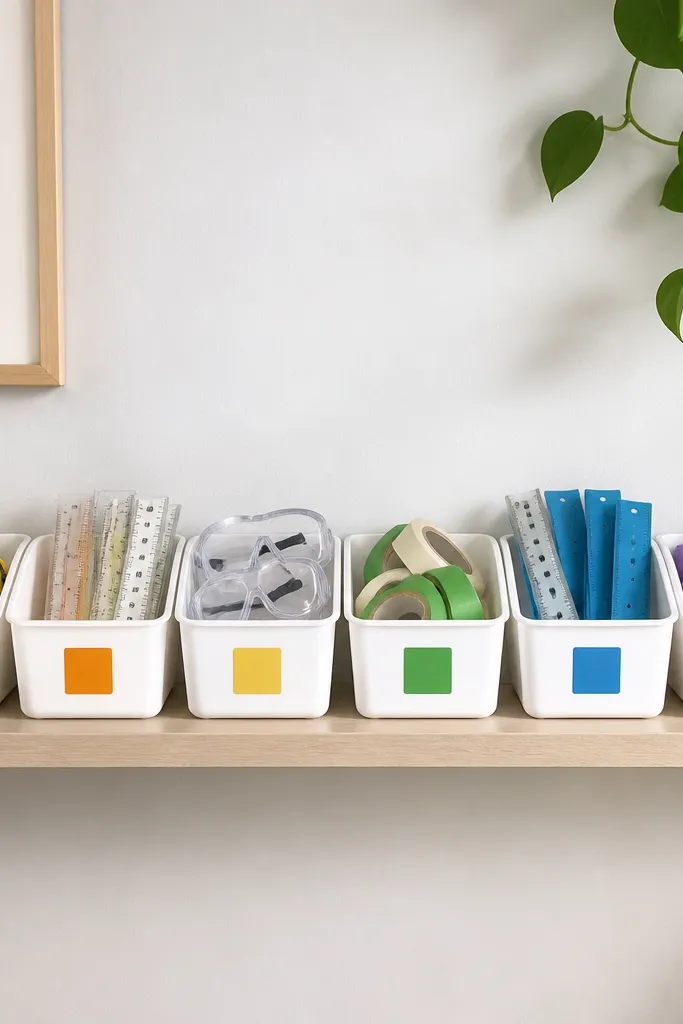 A small section of wall with 6 identical bins in a row, each with a different color label. Inside are kid-safe items like measuring tape, plastic rulers, safety goggles, and painter's tape. The bins have low edges and sit on a single shelf.