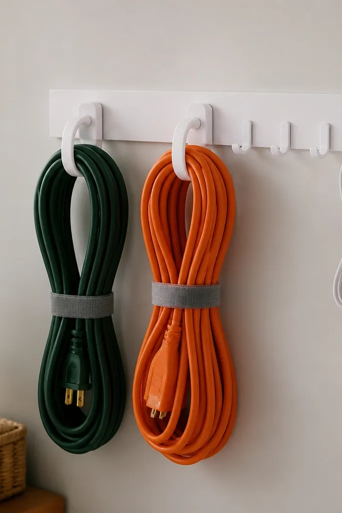 A white hook strip on the wall with two large cord hooks and several smaller hooks. Coiled extension cords hang neatly with a Velcro tie on each. A charger cable is looped and clipped to a small hook.