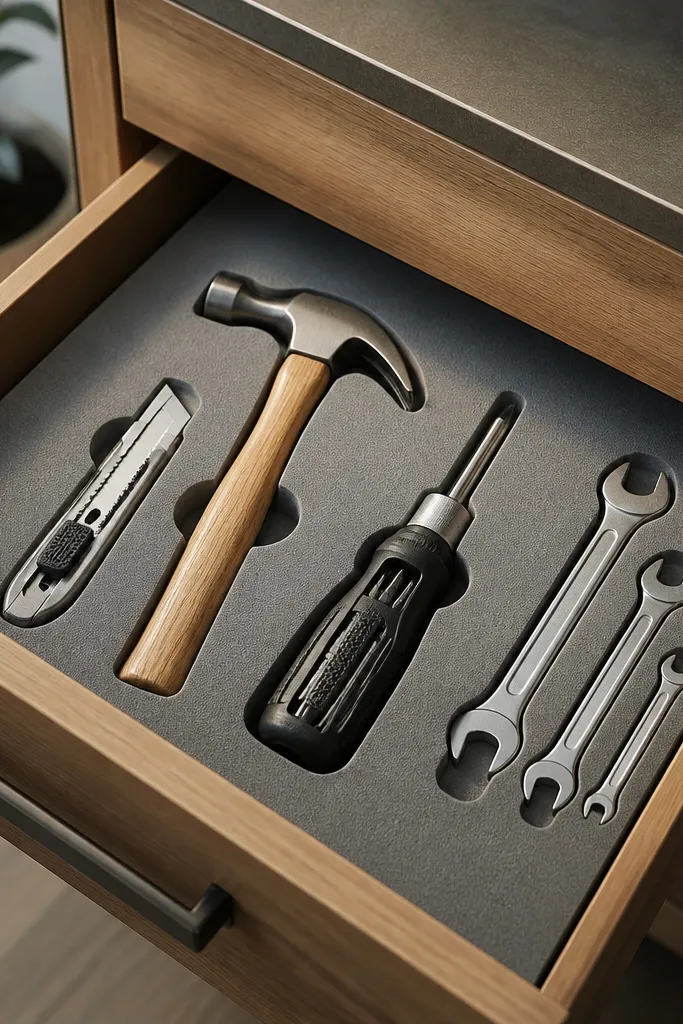 A shallow drawer lined with gray foam. Each tool handle sits in a custom cut slot: a utility knife, a small hammer, a multi-bit screwdriver, and a few small wrenches. The foam is clean and the drawer closes smoothly.