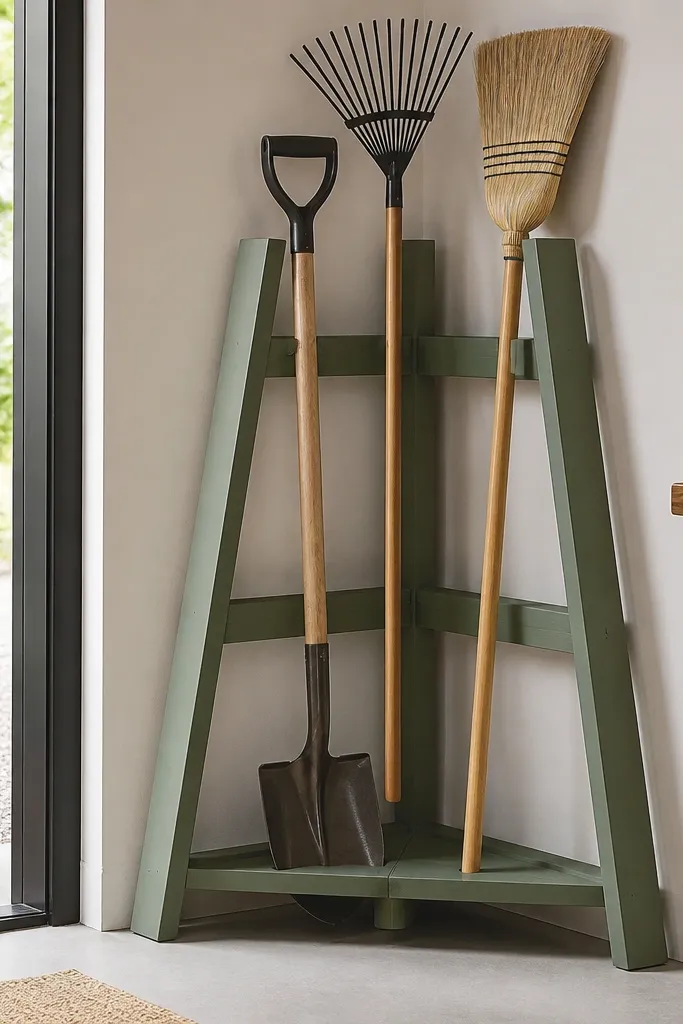 A corner rack made from painted wood braces in a ladder shape. Long-handled tools lean into two upright guides: a shovel, a rake, and a broom. The rack keeps handles off the wall and floor.