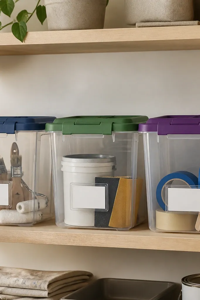 A set of three clear totes with colored lids on a shelf. Each tote has a label card holder on the front. One tote has brushes and small rollers, another has spackling and sandpaper, and the third has painter's tape and mixing sticks.