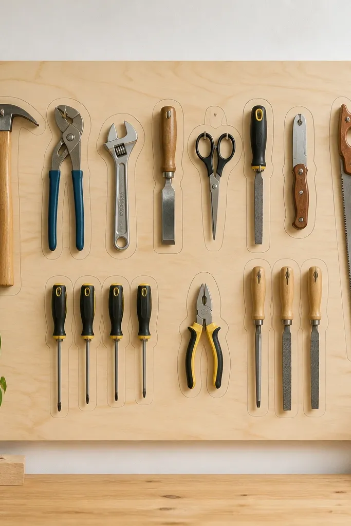 A plywood shadow board mounted on a low wall or back of a workbench. Tools hang using small hooks with outlines drawn around each handle on the board. The background is matte white, and the outlines are gray for a clean look.