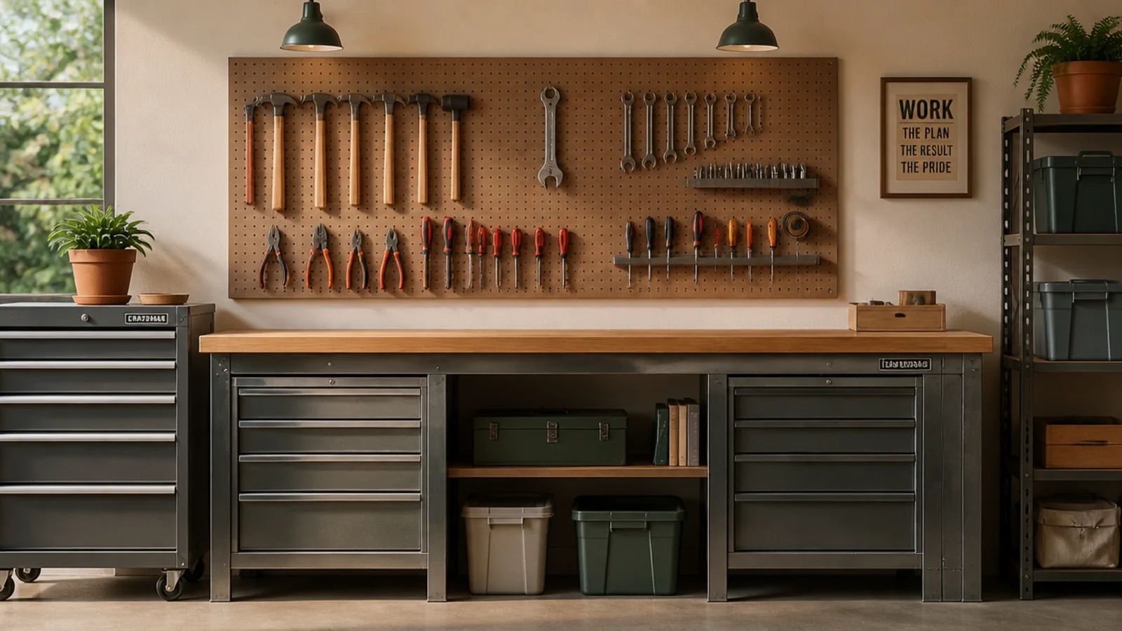 A pegboard above a workbench holding hammers, pliers, and screwdrivers on hooks with each tool's shape outlined behind it.