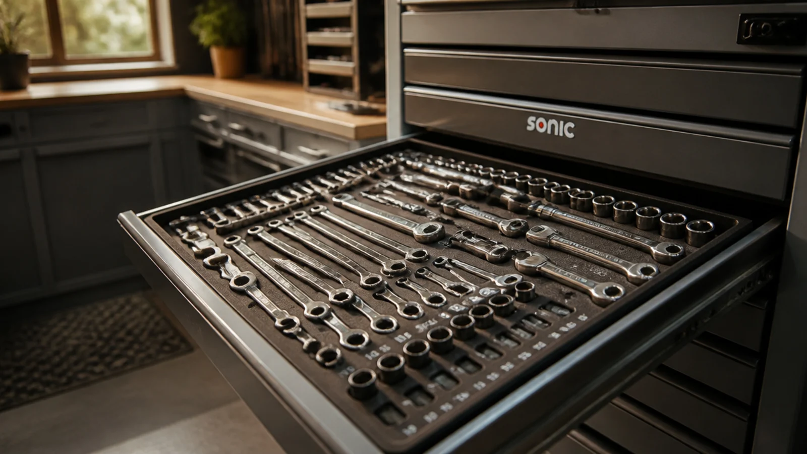 An open tool chest drawer with cut foam inserts cradling each wrench and socket in its own labeled slot.