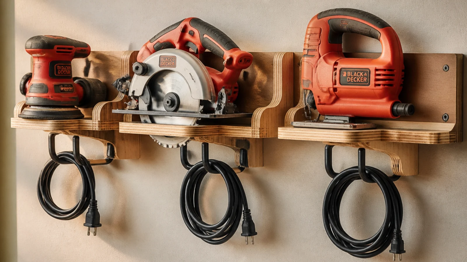 A wall rack of wooden holders and hooks cradling a circular saw, sander, and jigsaw off the bench in a garage.