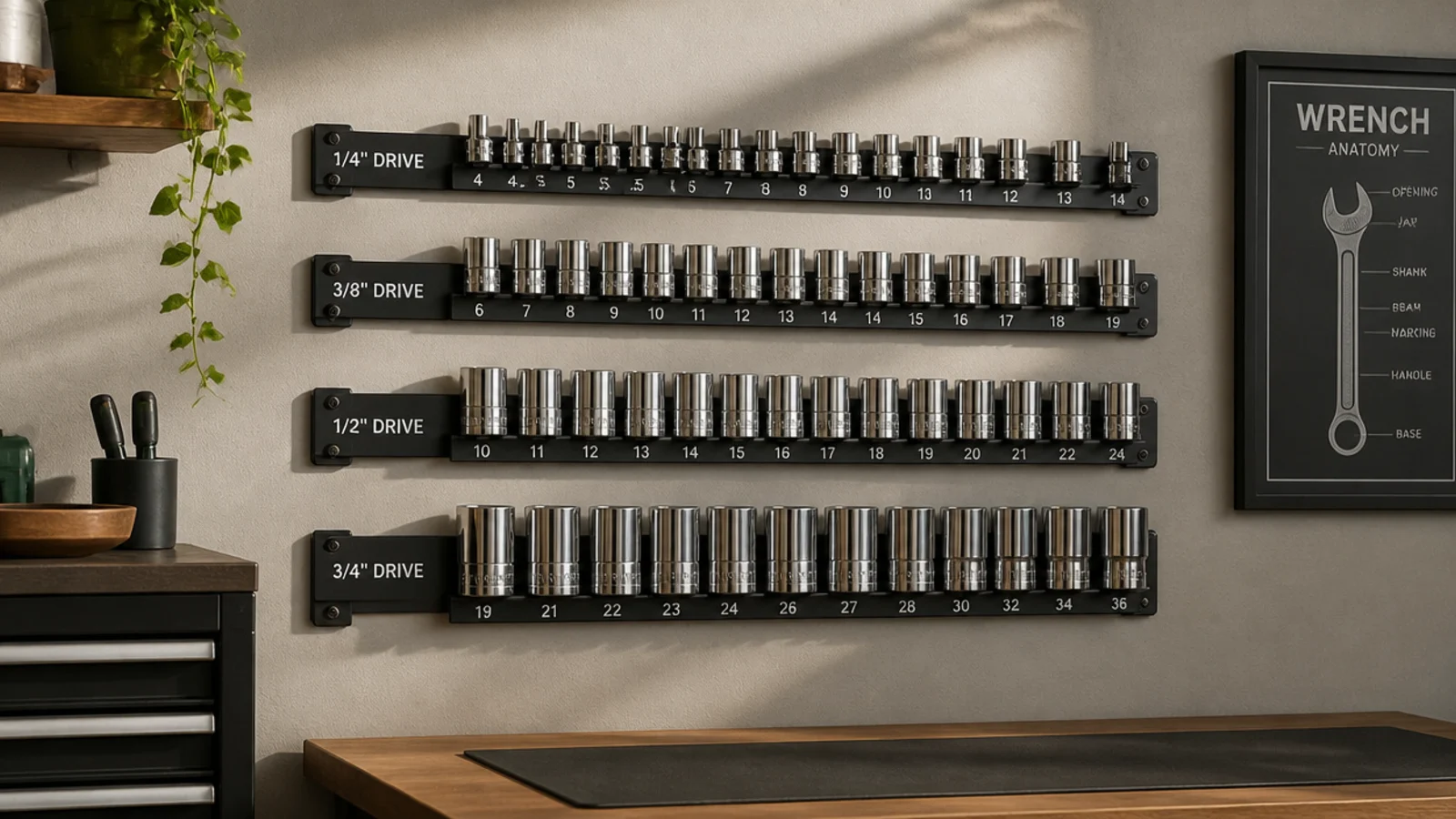Socket rails mounted on a garage wall holding sockets in size order by drive size, each clipped in a numbered row.