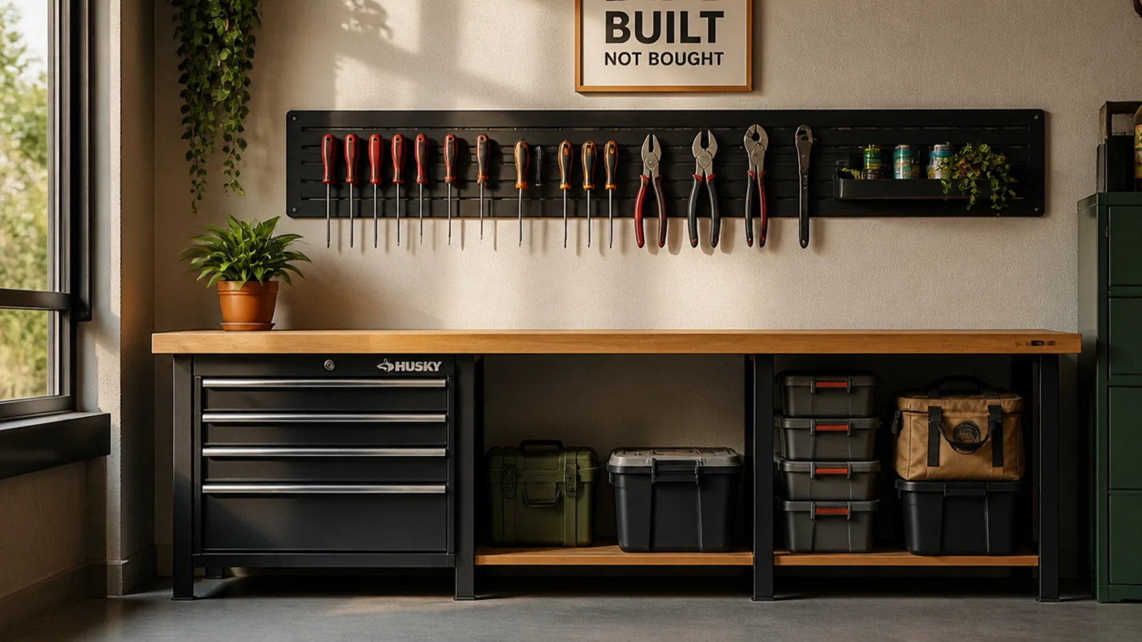 A slotted wall strip above a bench holding screwdrivers and pliers upright by their handles in a neat row.
