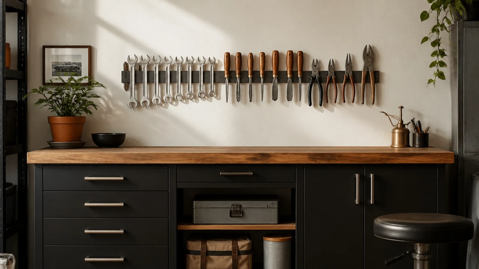A magnetic bar above a garage bench holding metal wrenches, chisels, and pliers stuck flat in a row.