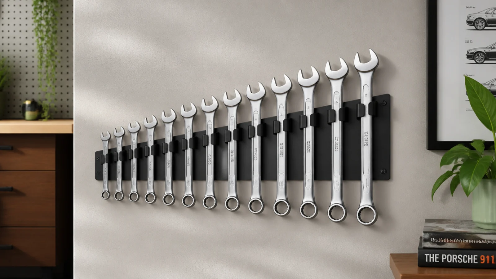 A wrench organizer rack holding combination wrenches fanned out in size order in a garage drawer or on the wall.