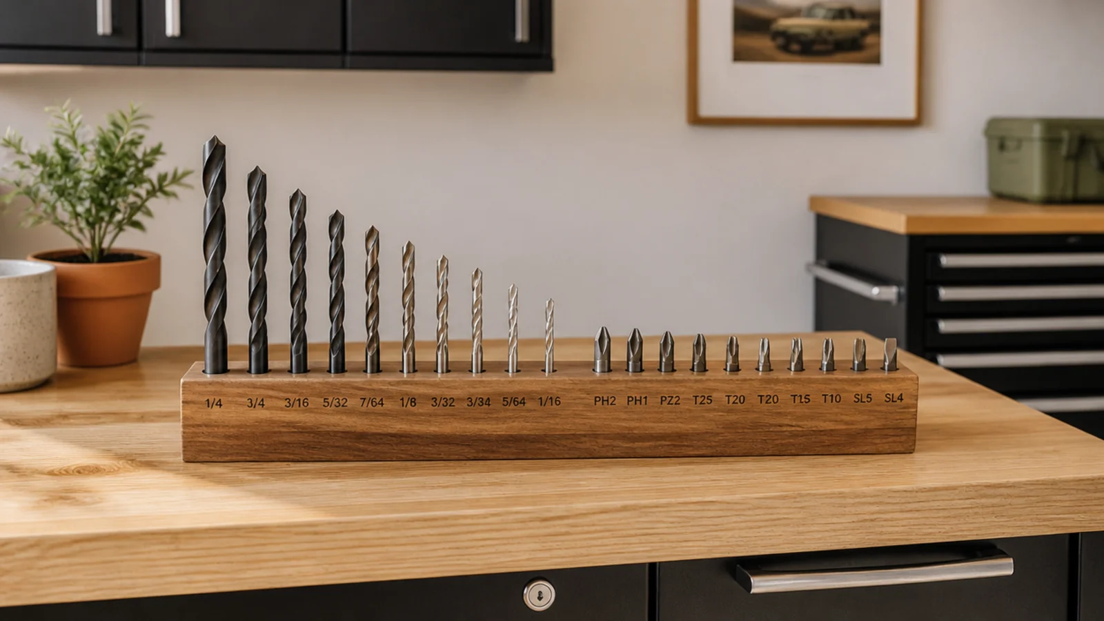 A bit station block on a garage bench holding drill bits and driver bits upright in labeled size-order holes.