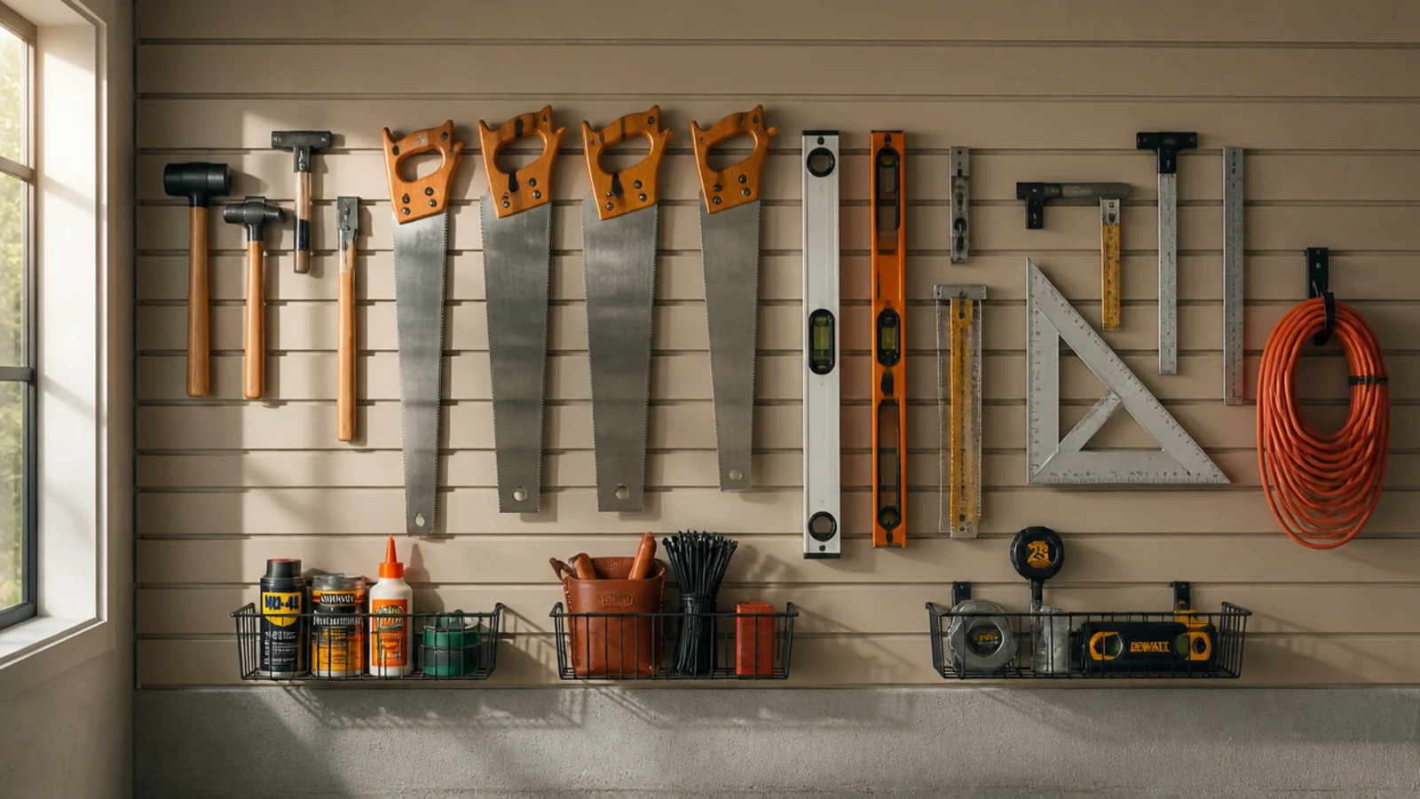 Wall hooks in a garage holding hand saws, levels, and a square hung flat and organized by type.