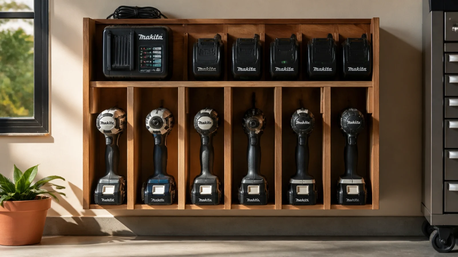 A wall shelf unit holding cordless drills and impact drivers in slots with chargers and batteries mounted above.