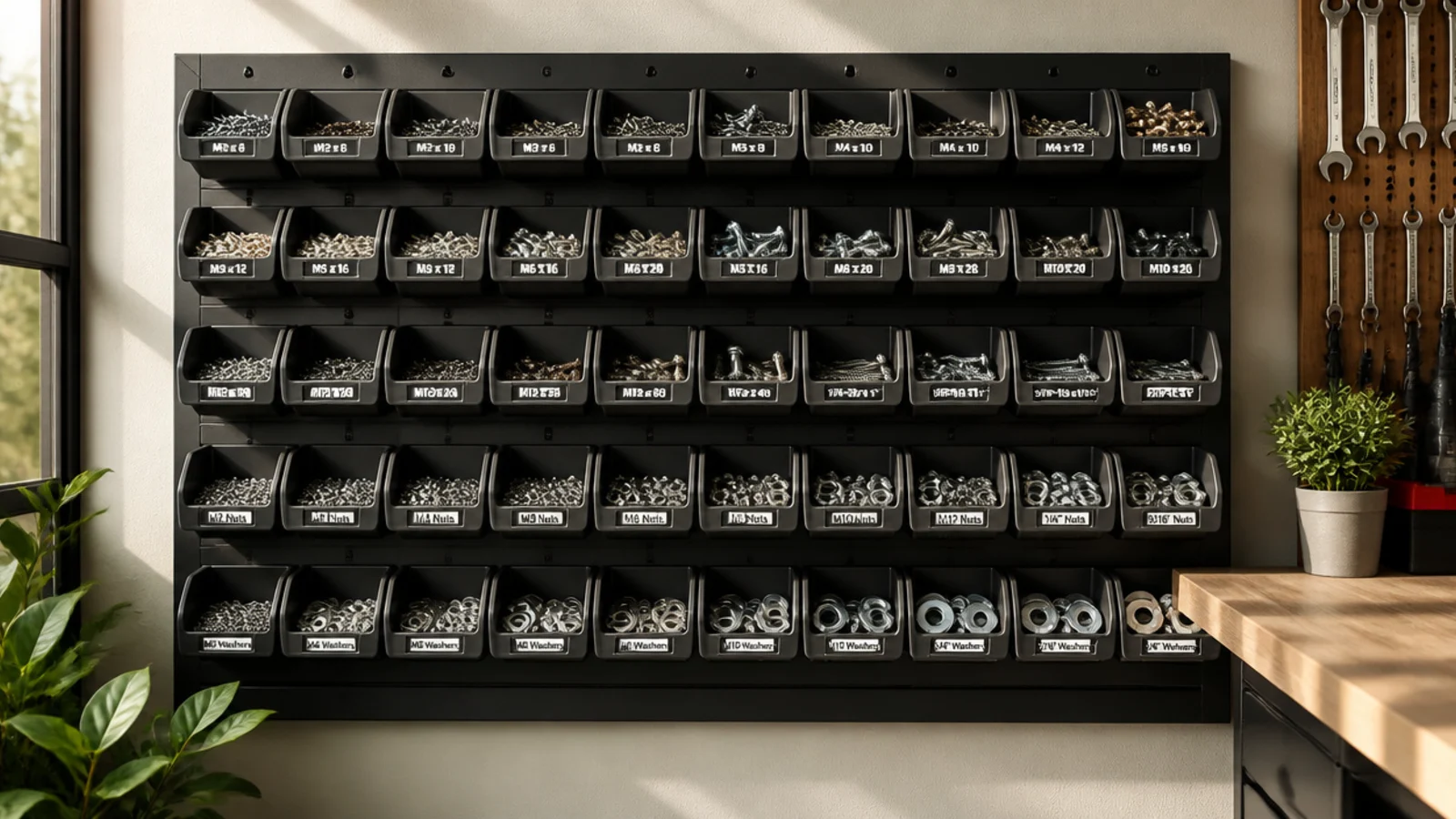 A wall panel of small open-front parts bins in rows, each holding a sorted size of screws, nuts, or washers.