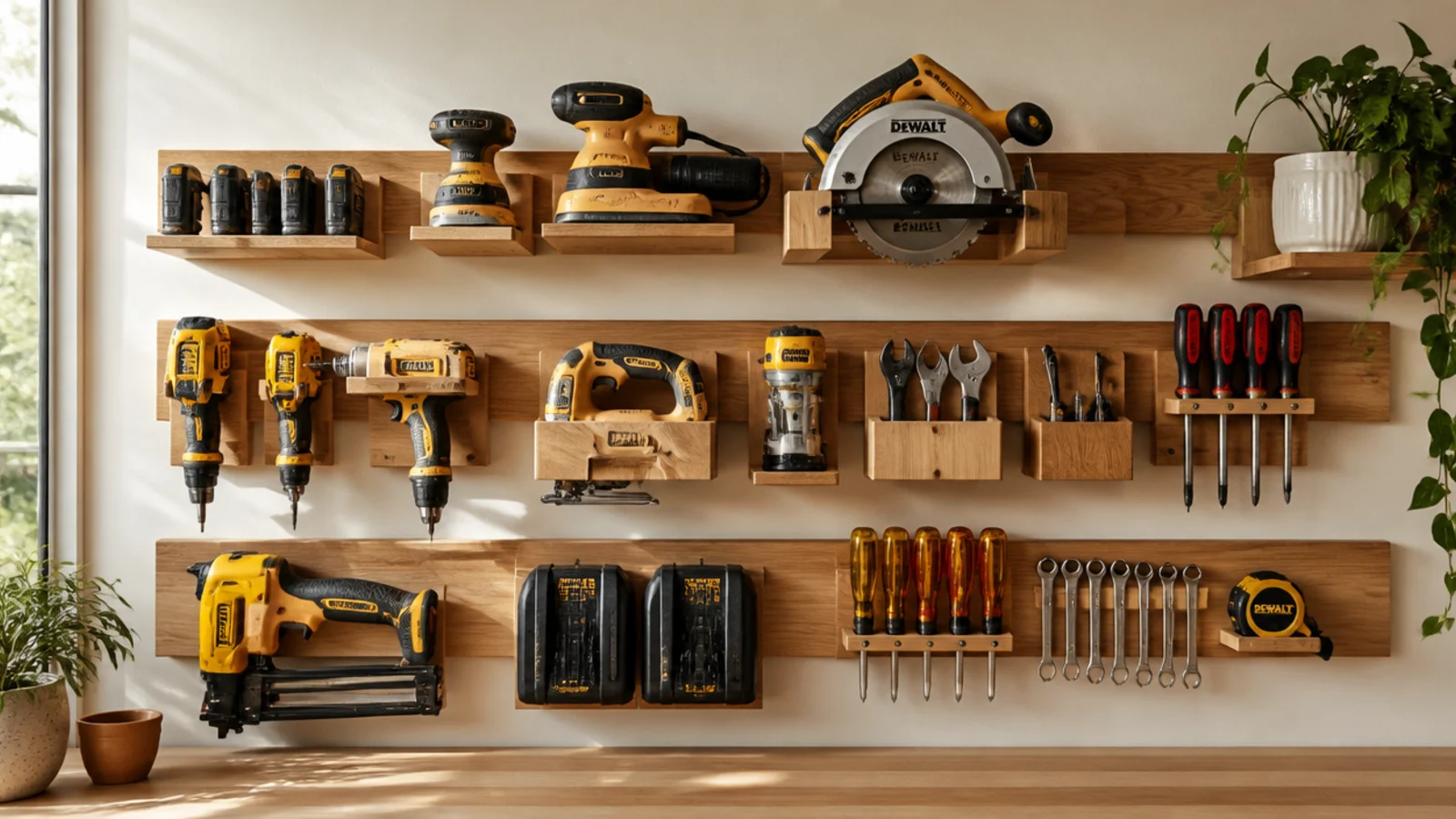 A French cleat wall with custom wooden holders cradling specific power tools and hand tools, arranged and movable.