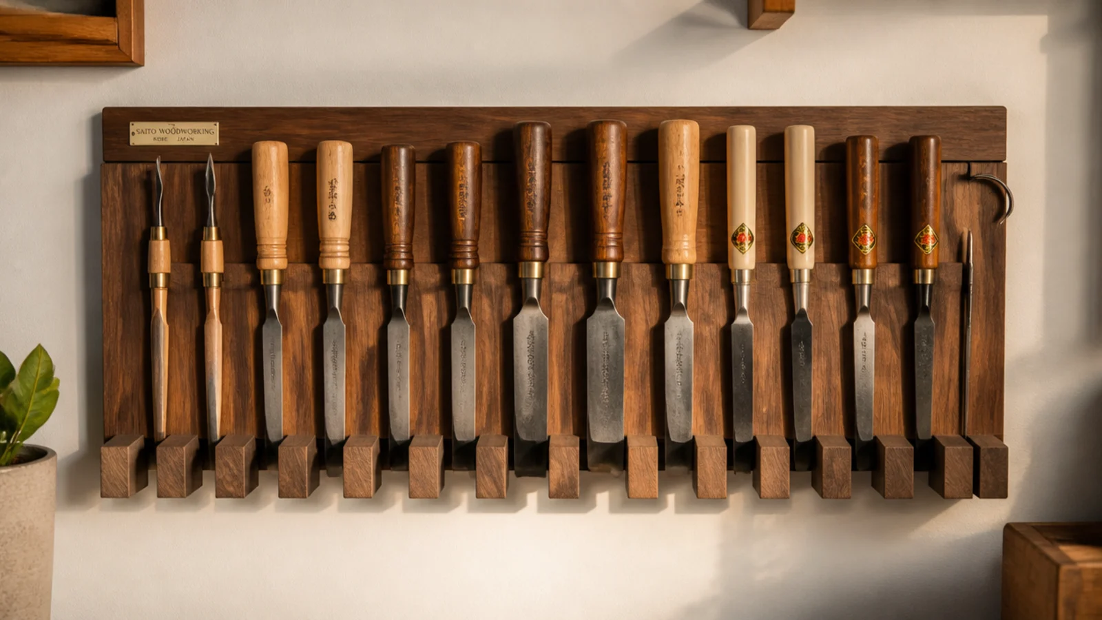 A slotted wall rack holding wood chisels and carving tools upright by their handles with edges protected in the slots.