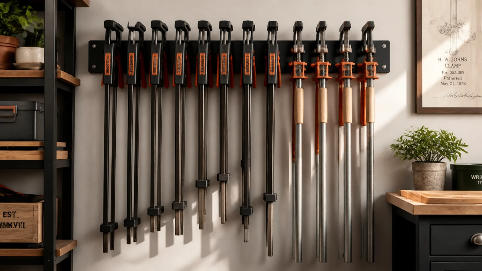 A wall rail holding bar clamps and pipe clamps hanging by their bars in a neat row in a garage workshop.