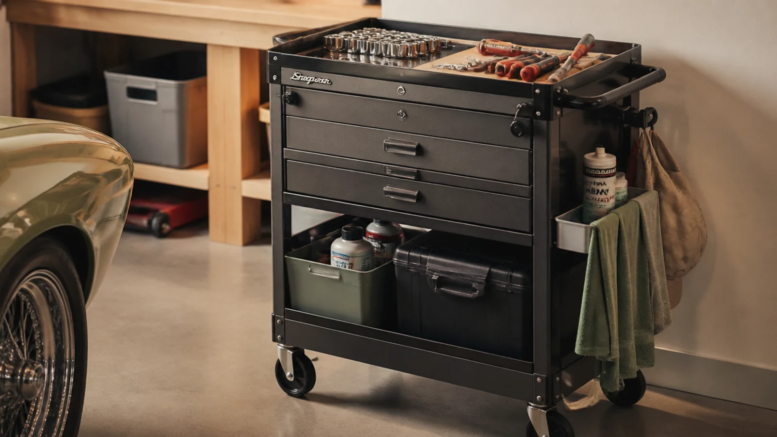 A rolling tool cart with drawers and a tray top loaded with organized tools, parked beside a garage project.