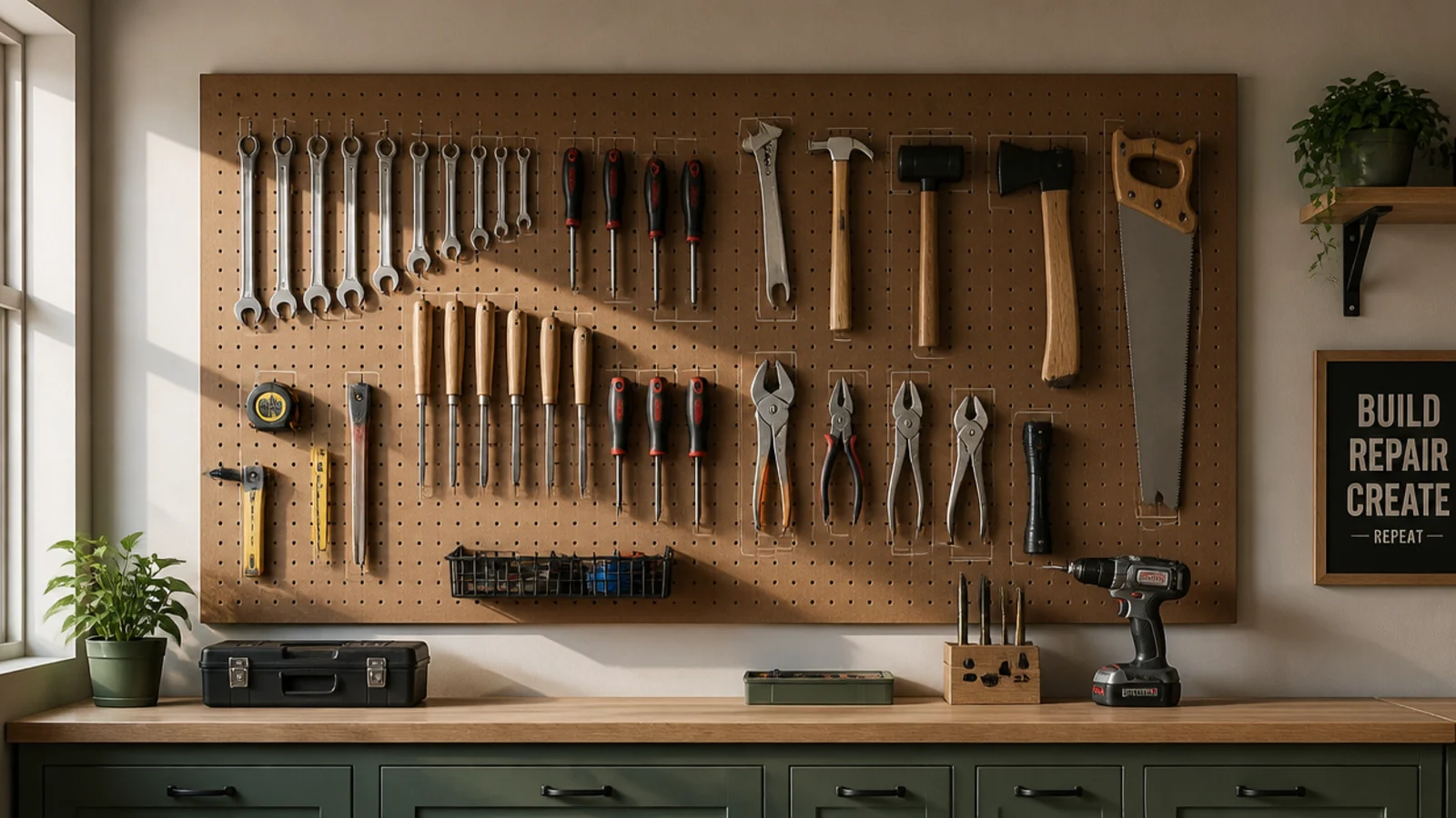 A pegboard panel on a garage wall holding hand tools on hooks with each tool's outline traced behind it.