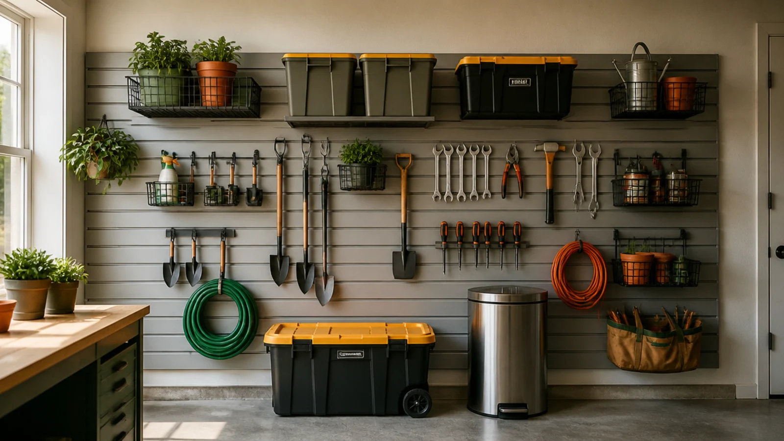 A wall of gray slatwall panels with hooks, baskets, and shelf brackets holding tools and supplies in a garage.