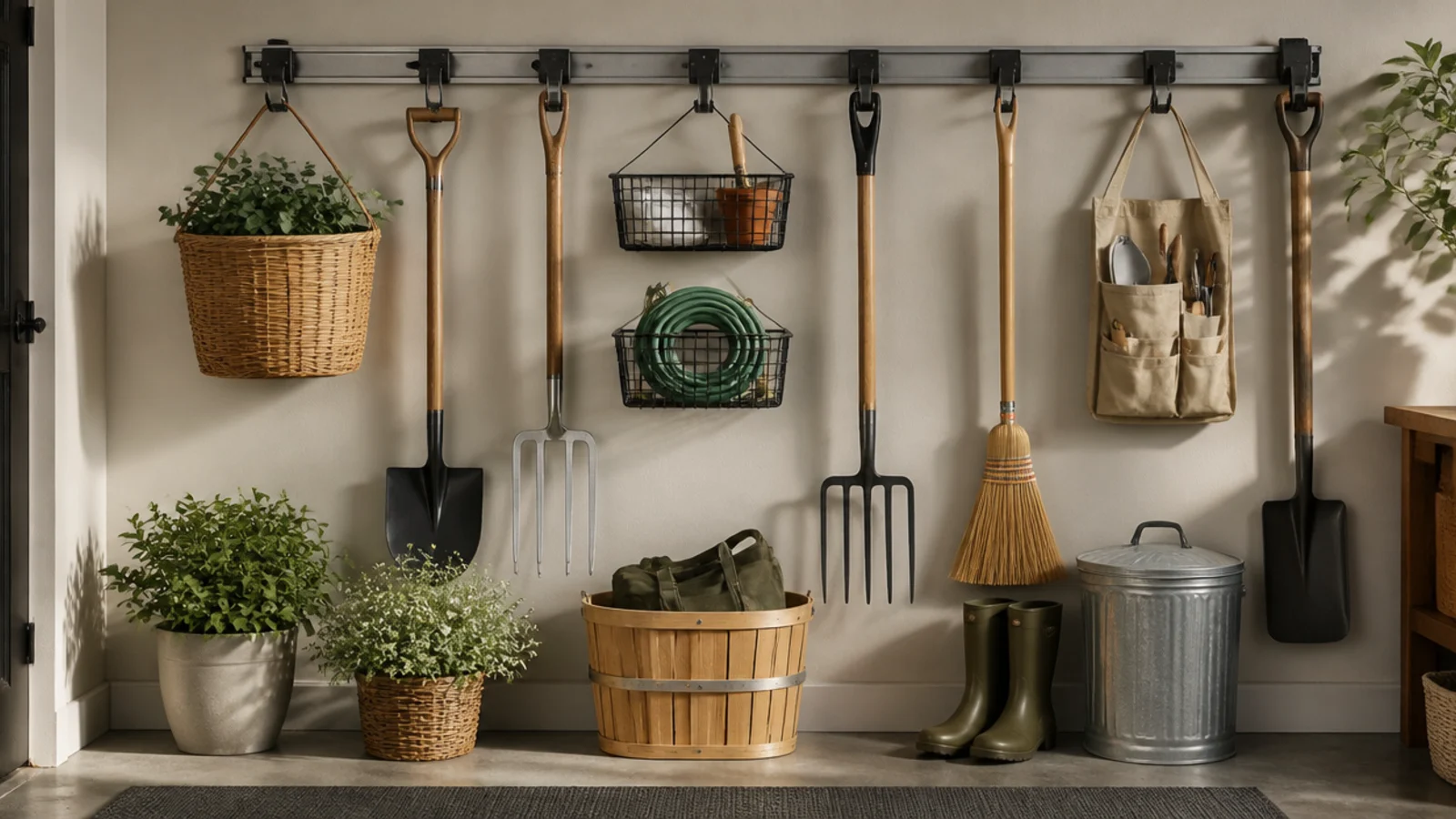 A steel rail mounted high on a garage wall with hooks and baskets hanging from it holding garden tools and gear.