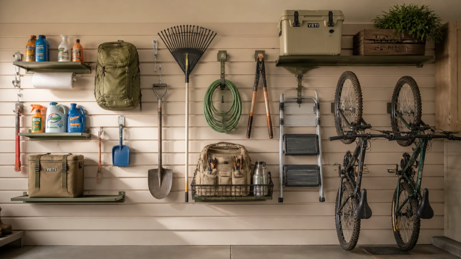 A garage wall of horizontal 45-degree cleats with custom cleat-backed holders and shelves hooked onto them.
